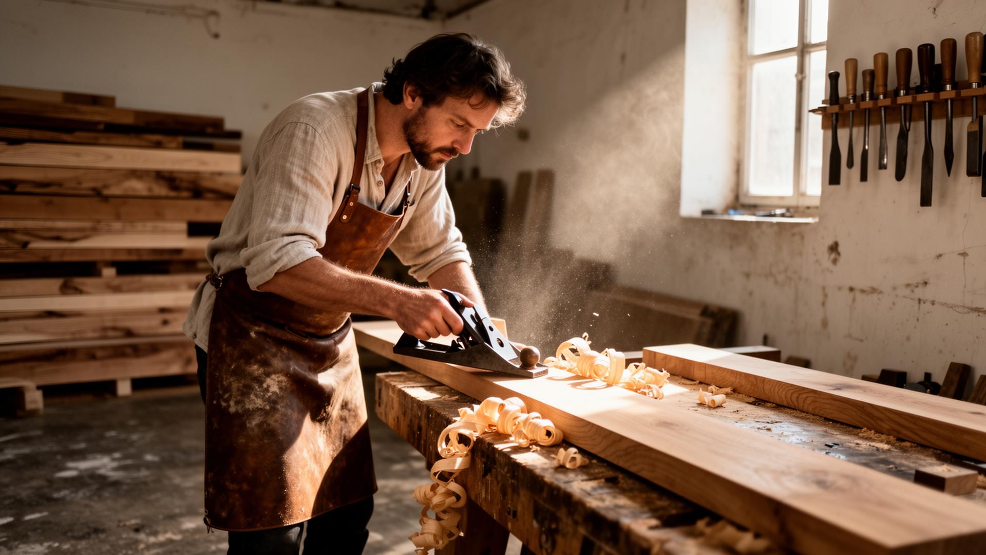 A craftsman hand-planing a solid oak board in the WOODAIM workshop